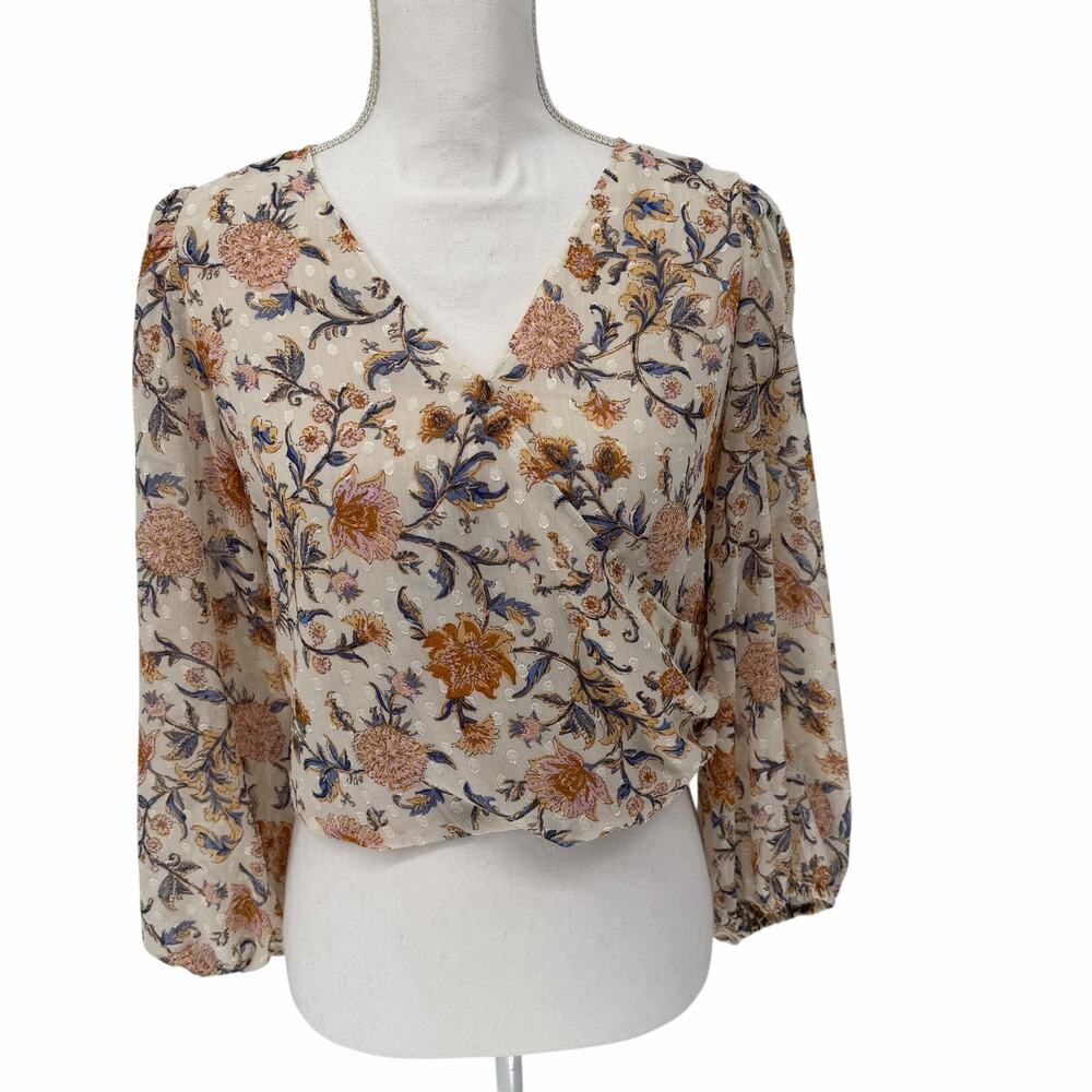 Joie Tan Floral Print Long Sleeve V Neck Wrap Blouse Medium